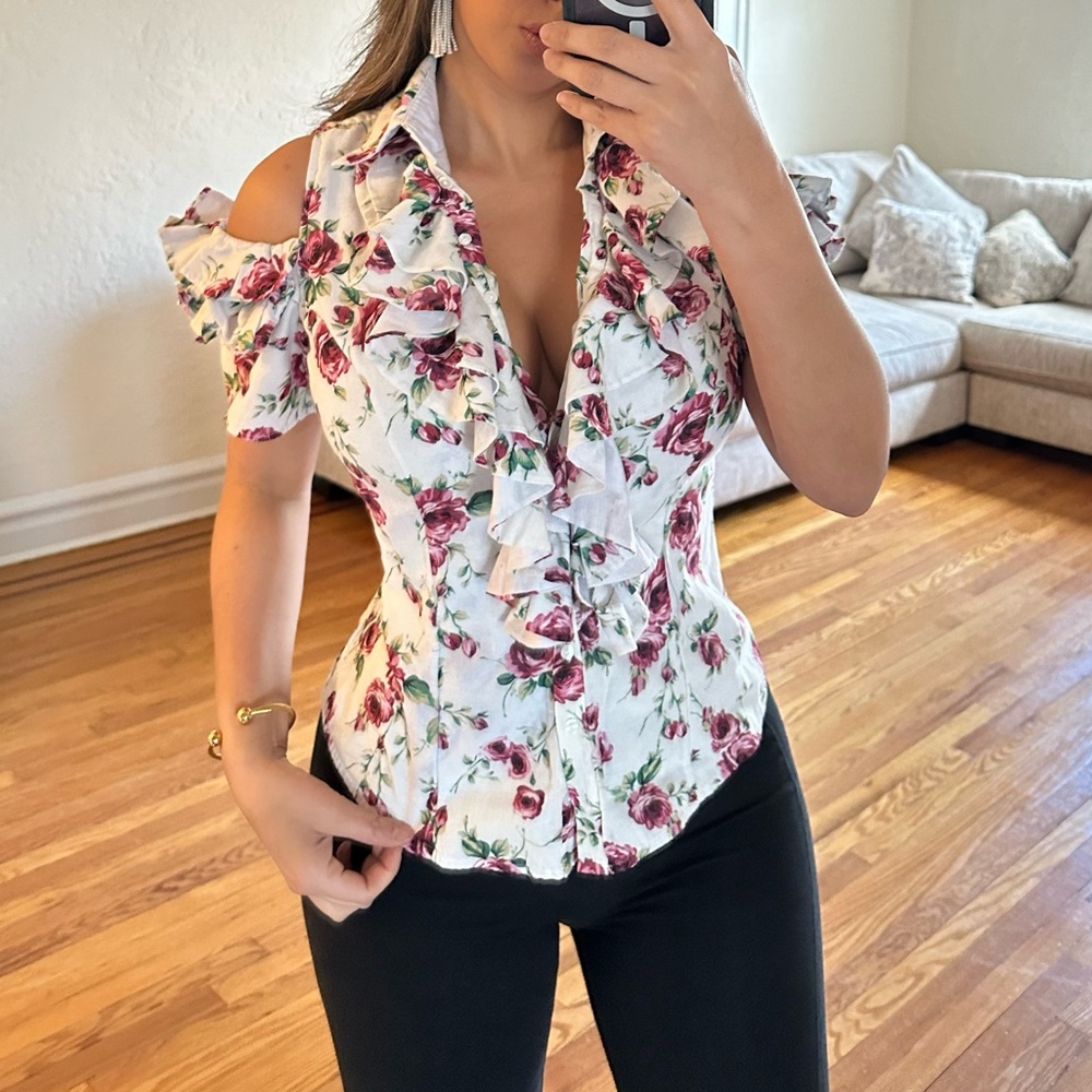 Stunning anne fontaine floral ruffle corset back top😍